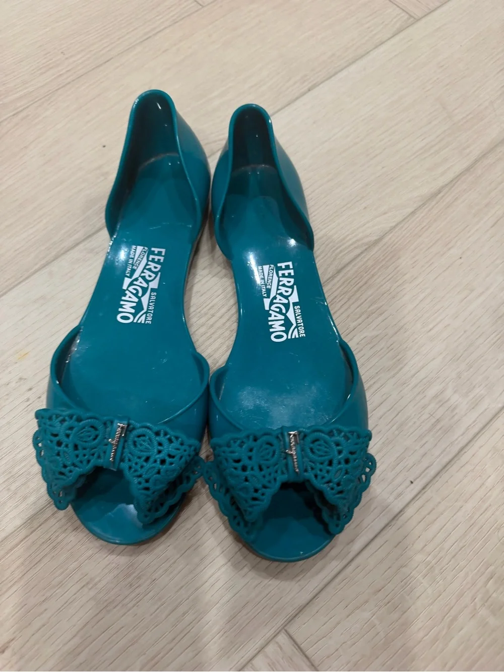 Salvatore Ferragamo Teal Open-Toe Bow Flats